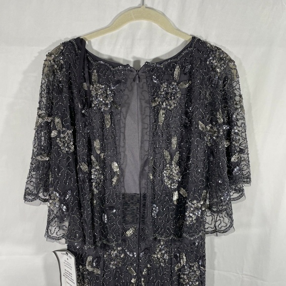 NWT Adrianna Papell Floral Beaded Mermaid‎ Capelet Gown in Gunmetal [SZ 2 ] - Picture 9 of 13